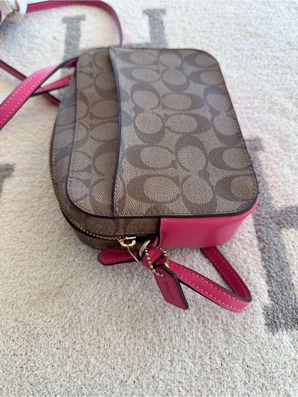 Coach Brown Signature Canvas Crossbody with Pink Trim